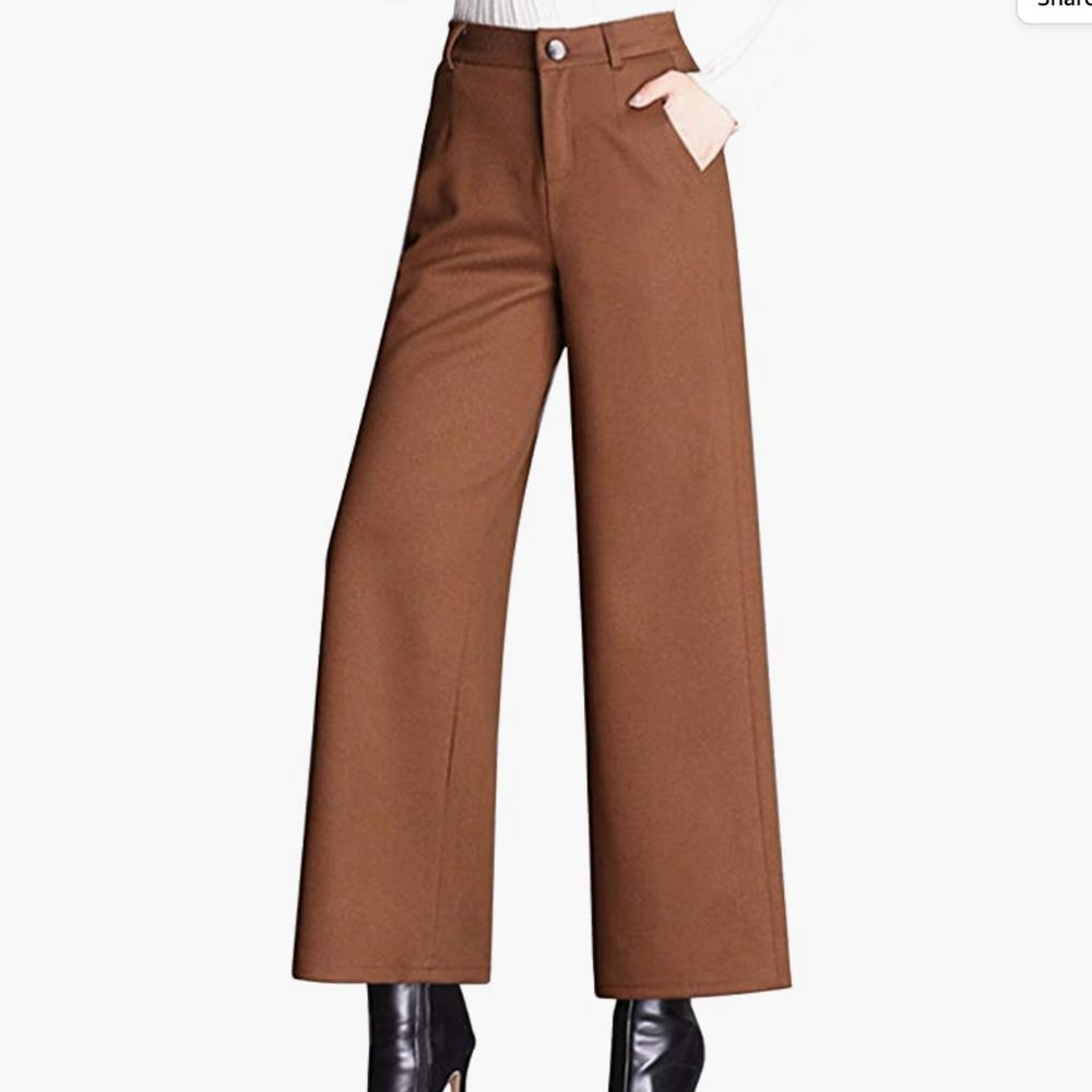 Tanming Women's Brown Wool Blend Cropped Wide Leg Trousers